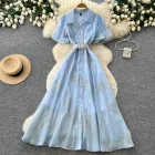 Pink Lantern Sleeve Mesh Dress for Women with Sequin Waist A Line Elegant Long Dress for Summer Casual Wear Wholesale