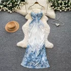 Floral Print Maxi Dress for Women Irregular Design Waist Cinching Summer Casual Wear Available in Blue and Multiple Sizes