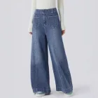 High Waisted Pocketed Patchwork Button Zipper Wide Leg Jeans Womens Fashion Fall Winter Collection Wholesale Available