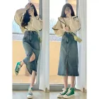 High Waist A Line Denim Skirt for Women Vintage Style Loose Fit Mid Length with Side Slit Summer Casual Wear Wholesale