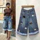 Vintage Dog Embroidery Plaid Patchwork Wide Leg Cropped Jeans for Women Relaxed Fit Stylish Design Casual Wear