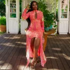 Deep V Neck Hollow Out High Slit Bodycon Dress Floral Print Spring Summer Beach Vacation Wholesale Available