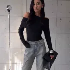 Slim Fit Long Sleeve Knit Top Solid Color Asymmetrical Neckline Versatile Style Spring Womens Fashion Wholesale