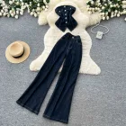Womens Summer Casual Two Piece Denim Set Slim Fit High Waist Short Sleeve Available in Blue and Black Wholesale