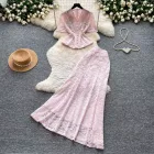 Lace Two Piece Set for Women V Neck Design Summer Fashion Available in Red and Apricot Wholesale Options