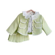 Girls Two Piece Set Korean Style Doll Collar Coat and Pleated Skirt Spring Autumn Fashion