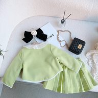 Girls Two Piece Set Korean Style Doll Collar Coat and Pleated Skirt Spring Autumn Fashion