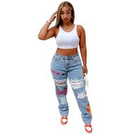 Womens Distressed Denim Jeans Digital Print Fashionable Design Casual Wear fast shipping