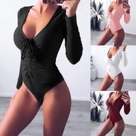 Deep V Neck Drawstring Triangle Jumpsuit Solid Color Knitted Stretch Fabric Slim Fit for Casual Wear