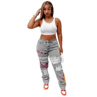 Womens Distressed Denim Jeans Digital Print Fashionable Design Casual Wear fast shipping