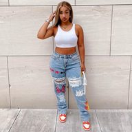 Womens Distressed Denim Jeans Digital Print Fashionable Design Casual Wear fast shipping