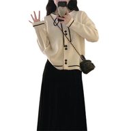 Color Block Knitted Cardigan for Women Loose Fit Soft Fabric with Bow Detail Spring Autumn Wear