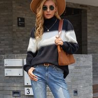 High Neck Lantern Sleeve Sweater Color Block Design Knitted Fabric Cozy Fit Autumn Winter Fashion Wholesale