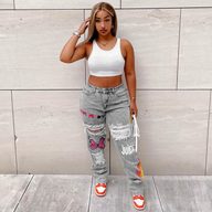 Womens Distressed Denim Jeans Digital Print Fashionable Design Casual Wear fast shipping