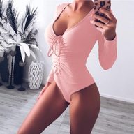 Deep V Neck Drawstring Triangle Jumpsuit Solid Color Knitted Stretch Fabric Slim Fit for Casual Wear