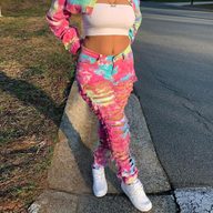 Distressed Denim Jeans for Women Casual Straight Fit with Button Details Tie Dye Pattern Available in Multiple Sizes Wholesale