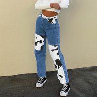 High Waist Color Block Cow Print Straight Leg Jeans for Women Casual Loose Fit Autumn Wear