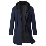Mens Casual Wool Blend Overcoat Mid Length Removable Hood Trendy Design Versatile Outerwear for