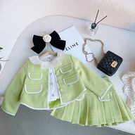 Girls Two Piece Set Korean Style Doll Collar Coat and Pleated Skirt Spring Autumn Fashion