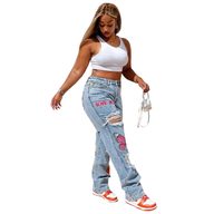 Womens Distressed Denim Jeans Digital Print Fashionable Design Casual Wear fast shipping