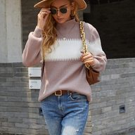 High Neck Lantern Sleeve Sweater Color Block Design Knitted Fabric Cozy Fit Autumn Winter Fashion Wholesale