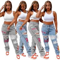 Womens Distressed Denim Jeans Digital Print Fashionable Design Casual Wear fast shipping