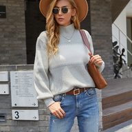 High Neck Lantern Sleeve Sweater Color Block Design Knitted Fabric Cozy Fit Autumn Winter Fashion Wholesale