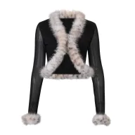 Womens Long Sleeve Cardigan Top with Sheer Mesh and Fur Collar in Print and Black for Fall Winte