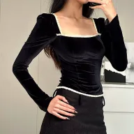 French Style Womens Dress Square Neck Backless Slim Fit Lace Trim Long Sleeve Elegant Evening Wear Wholesale
