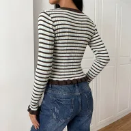 Womens Vintage Striped Sweater Short Length Flared Sleeve Round Neck Casual Wear