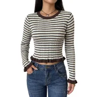 Womens Vintage Striped Sweater Short Length Flared Sleeve Round Neck Casual Wear