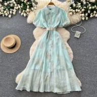 Pink Lantern Sleeve Mesh Dress for Women with Sequin Waist A Line Elegant Long Dress for Summer Casual Wear Wholesale
