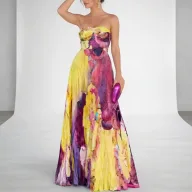 Elegant Floral Print Strapless Dress for Women Summer Collection Available in Purple Wholesale Sizes S to 3XL