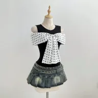 Summer Womens Fitted T Shirt Short Sleeve Bow Tie Detail Polka Dot Print Casual Wear Ready to Ship