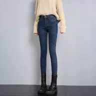 High Waisted Vintage Denim Pants Thickened Fleece Lined Slim Fit Autumn Winter Womens Fashion Wholesale Available