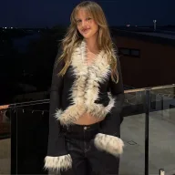 Womens Long Sleeve Cardigan Top with Sheer Mesh and Fur Collar in Print and Black for Fall Winte
