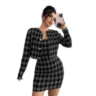 Black and White Plaid Two Piece Set Slim Fit Waist Design Chic Casual Style