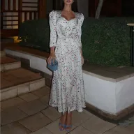 Elegant Floral Print Waist Defined Dress for Women Summer Style Available in White Wholesale Sizes S to 3XL