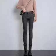 High Waisted Vintage Denim Pants Thickened Fleece Lined Slim Fit Autumn Winter Womens Fashion Wholesale Available