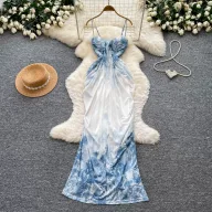 Floral Print Maxi Dress for Women Irregular Design Waist Cinching Summer Casual Wear Available in Blue and Multiple Sizes