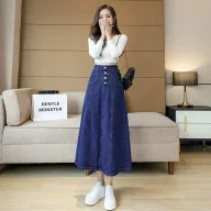 Vintage High Waist A Line Denim Skirt for Women Casual Mid Length Design Spring Summer Collection