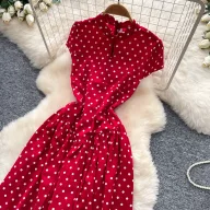 Retro Red Short Sleeve Polka Dot Dress for Women High Waist A Line Summer Casual Wear Wholesale customizable