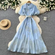 Pink Lantern Sleeve Mesh Dress for Women with Sequin Waist A Line Elegant Long Dress for Summer Casual Wear Wholesale