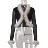 Womens Long Sleeve Cardigan Top with Sheer Mesh and Fur Collar in Print and Black for Fall Winte