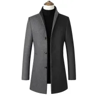 Mens Overcoat Stylish Long Wool Blend Coat Stand Collar Available in Gray Black Red Navy Wholesale Low MOQ