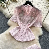 Lace Two Piece Set for Women V Neck Design Summer Fashion Available in Red and Apricot Wholesale Options