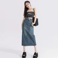 High Waist Split Denim Skirt for Women A Line Silhouette Mid Length Casual Spring and Autumn Wear