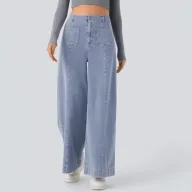 High Waisted Pocketed Patchwork Button Zipper Wide Leg Jeans Womens Fashion Fall Winter Collection Wholesale Available