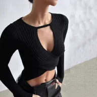 Womens Long Sleeve Cropped Top Hollow Out Design Ribbed Fabric Sexy Style Perfect for Fall Fashion Wholesale