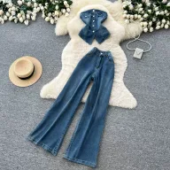 Womens Summer Casual Two Piece Denim Set Slim Fit High Waist Short Sleeve Available in Blue and Black Wholesale